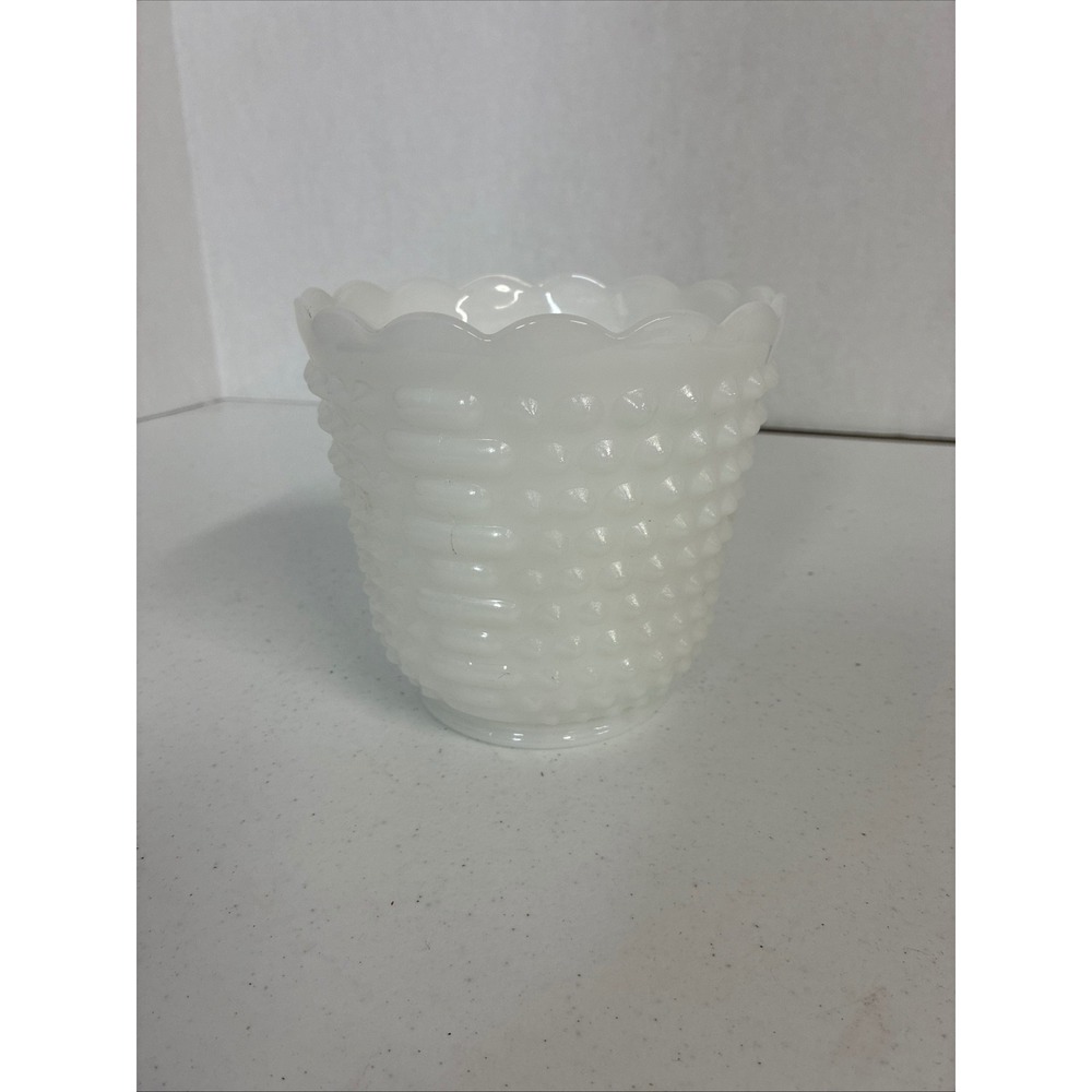 Fire-King Milk Glass Hobnail Planter Scalloped Rim White Vintage Made in USA